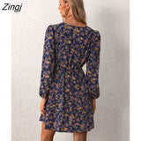 PETAL Plunge Neck A-Line Mini Dress For Woman Ditsy Floral Sexy Long Sleeve Party Dress 2023 Spring Autumn Female