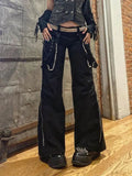 SUCHCUTE Gothic Black Women Wide Leg Pants Streetwear Bandage Chain Punk Baggy Trousers Harajuku Egirl Hight Waist Casual