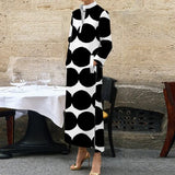 Casual Dot Print Commuter Maxi Dress Fashion Long Sleeve A-line Dress Elegant Ladies Standing Neck Pocket Straight