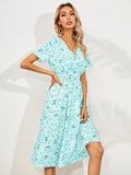 Printed Casual Beach Midi Dresses Women Summer V-neck Short Sleeve Empire Waist A-Line Dress Sundress Vestido Robes