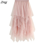 Tulle Skirt Women Elastic High Waist Mesh Midi Skirt Plus Size Elegant Design Pleated Tutu Skirt Female Jupe