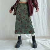 Zingj Chinese Print Retro Style Skirt Autumn 2023 New Sen Fresh Low Waist Color A Word Long