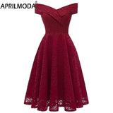 Elegant Summer Women Lace Tunic Midi Dress Slash Neck Short Sleeve Knee Pure Solid Black Red Knee Length A Line Party