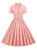 Pink Printed Fit And Flare Dresses Elegant Pinup Women Short Sleeve Knee-Length Solid 50s Office OL Rockabilly