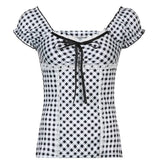 New Lace Retro Vintage Plaid Printed Tops Summer Blouse 50s 60s Ployester Harajuku French Kawaii Casual Loose Party