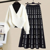 Warm Knitwears 3 Pieces Set For Womens Outfit Korean High Quality Pullover Knitted Sweater+print Pleated Skirts Sets