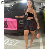 Summer Streetwear 2 Two Peice Set Outfits Women 2022 Black White Strapless Crop Top See Through Mesh Matching Sets