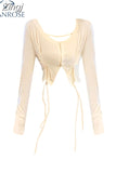 Women Irregular T-Shirts Sexy Long Sleeve Crew Neck Drawstring Chic T-Shirt Crop Tops Basic Tees Undershirt 2023 Autumn