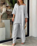 Loose Suits Casual Women Autumn 2 Piece Sets Fashion Long Sleeve O Neck Irregular Long Tops + Straight Pants Ladies