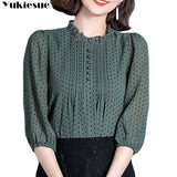 Women Spring Autumn Style Chiffon Blouses Shirts top Lady Casual three quarter O-Neck Polka Dot Printed Chiffon Blusas