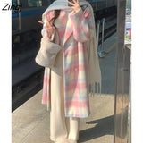 Winter Rainbow Woollen Coats Women Casual Warm Loose Plaid Long Coats Female Korean Fashion Office Lady Trench Jackets