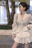 Long Sleeve White Shirts Fashion Elegant Jacquard Women Sets Ballet High Waist Cake Skirts A-line Y2k Two Piece