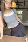 Two Piece Patchwork Lace Rufflesshort Tees Sweet Ballet Crop Tops Women Short Sleeve Tshirts Y2k Gray Camisetas