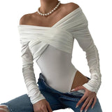 Zingj And Autumn New Women's Shoulder V Neck Pleated Long Sleeve Jacket Tight Temperament
