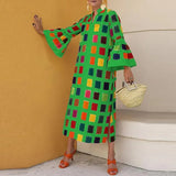 Pattern Print Women Summer Vacation Off Shoulder Dress Sexy Loose Hem Maxi Dress Retro Boho Ruffle Sleeve Long A-Line