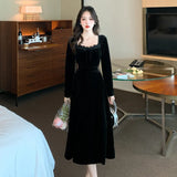 New Spring and Fall Vintage Black Long Sleeve Dress Woman Elegant Fashion Velvet Midi Dress Korean Style Even Party