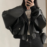 Fake Two-piece Pu Leather Hooded Jacket-Outfit
