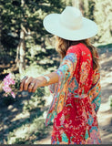Queens Women Red Floral Print Bat Sleeve Beach Bohemian Kimono Dress Ladies V Neck Sashes Summer Boho Dresses