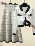 Fall Winter Knitwear Two Piece Sets For Women Outfits French Vintage Fragrance Bow Bandage Knitted Sweater+Plaid Skirt