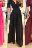 Women Jumpsuit Puff Short Sleeve V Neck Backless Nipped Waist Loose Wide Legs Casual Pants Romper High