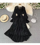 Fairy Seaside Holiday Chiffon Dress Female Lotus Lace V Collar Temperament Folded Waist Thin Swing