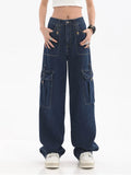 Vintage Baggy Jeans Women's Pockets Wide Leg Cargo Pants Y2k Streetwear Harajuku Casual High Waist Denim Straight