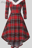 Women Christmas Dress Elegant Puff Long Sleeve Faux Fur Collar Midi Party Costume Xmas New Year Festival