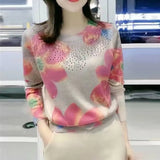 Winter Round Neck Floral Print Bronzing T-shirt Lady Oversized Long Sleeve Loose Casual Pullover Top Women Bottoming