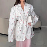 Women's Clothing 2025 Autumn And Winter Printing Loose Suit Tie With Waist Small Suit
