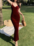 Women Sexy Velvet Spaghetti Strap Bodycon Dress Femme Split High Waist Midi Dress Evening Party
