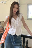 Out White Korean Edible Tree Fungus Shirts V Neck Tanks Crop Tops Y2k Ballet Chic Women Slim Waist Folds Camisas