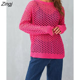 Women Round Neck Long Sleeve Solid Color Casual Sweater Hollow-out Loose Knitwear Jumper Tops