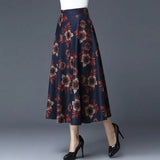 Winter Skirt Female Plus Size Plaid Flower Print Women'S Maxi Skirt High Waist Warm Wool Skirt Elegant Office Lady
