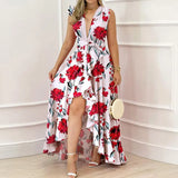 Summer Sexy Deep V-neck High Waist Sashes Ruffled Irregular Long Dress Women Elegant Print Sleeveless Evening Tank