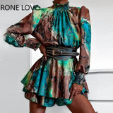 Women Chic All Over Print with Abstract Pattern Lantern Sleeves Turtleneck Sashes Mini Working A Line