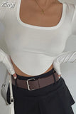 Autumn Fashion Casual T-shirts Irregular Hem Long Sleeve Square Collar Crop Top Women Solid Ribbed Pullovers