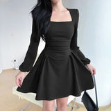 Style Spring A-Line Dress For Women 2023 New Square Collar Puff Sleeve Mini Dresses Casual Elegant Ladies