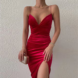 Women 2022 Spaghetti Strap Velvet Party Dresses High Waist Backless V-neck Bodycon Package Hip Evening Prom Dress Red