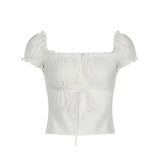 Ruffled Square Neck Puff Short Sleeve TeeOutfit