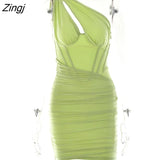 Double Layer Mesh Bodycon Dresses For Women Summer 2021 Diagonal Collar Backless Sexy Party Dress Elegant Ruched