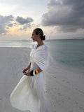 Spring And Summer New Hot Shawl Folding V-Neck Design High-Waisted Long Dress