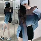 Sexy Hollow Out Backless T Shirts Women Gradient Ice Silk Loose Sunscreen Shirts Summer Gothic See Through Blouses