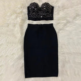 Women Sets Beading Top Bandages Skirt Two Piece Set Celebrity Party Club Lady Clothes Set