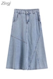Women Washed Long Denim Skirt Vintage Fashion High Waist Skirt Streetwear Korean All-match Female Irregular A-line Jeans