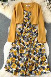 Women Two Piece Set Beach Vacation Long Sleeve Cardigans + Floral Spaghetti Strap Midi Dress Female Suit New