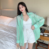 Transparent Blouse Summer 2021 Long Sleeve White Pink Green Button Up Shirts Women Y2k Korean Fashion Cardigan Sheer