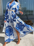 Vintage Printed Seaside Beach Dress Fashion Long Sleeve Button V Neck Long Dresses Spring Casual Office Women Loose