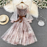 Mesh Printed Dress Women Spring Autumn Round Neck Puff Long Sleeve Ink Pattern A-Line Big Swing Vestidos Female 2023