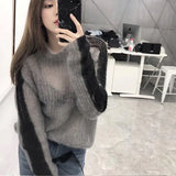 Autumn 2018 Thin Sweater Women High Neck Patchwork Grey Knitted Sweater Pullover Transparent Pull Femme