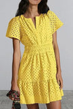 Women's V-Neck A-Shaped Hollow Lace Folded Short-Sleeved Mini